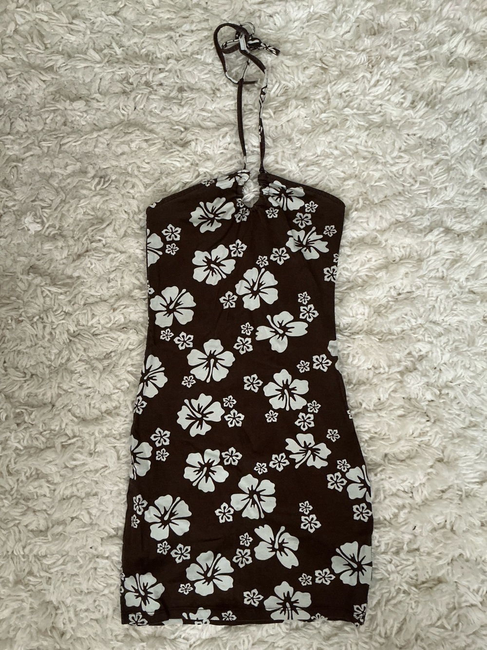 VINTAGE 90s Y2K Brown Hawaiian Floral Print Halter Dress